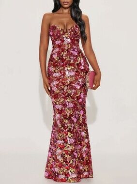 Maxi Evening Dress With Sequins and Floral Pattern